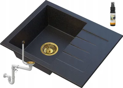Produktbild von Granitan - Granitspüle - Spülbecken 57,4x46,4 cm - Küchenspüle Schwarz - mit Siphon Gold - MILANO