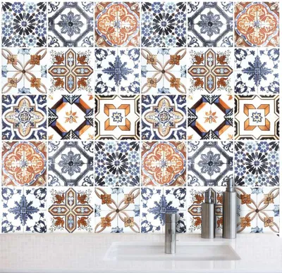 Zdjęcie produktu dla Naklejki na płytki 24 sztuki, 10x10 cm, wodoodporne PVC, styl Azulejos, do kuchni i łazienki