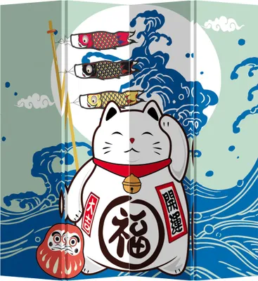 Produktbild von Fine Asianliving Japanischer Paravent B160xH180cm 4 Paneele Glückliche Katze