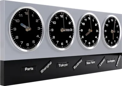 A multi-dial world clock mounted on a wall.