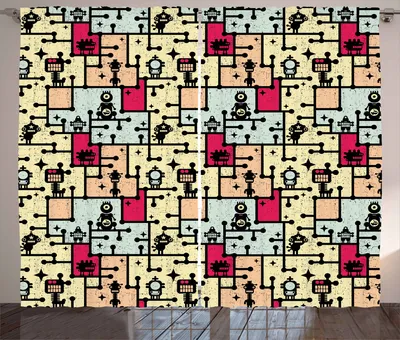 Produktbild von ABAKUHAUS Platz Rustikaler Gardine, Roboter auf Gitterplätzen, Schlafzimmer Kräuselband Vorhang mit Schlaufen und Haken, 280 x 260 cm, Mehrfarbig