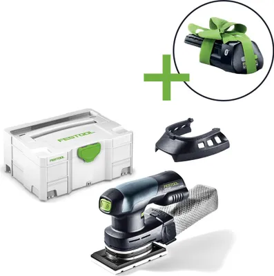 A collage of a Festool sander, a Festool Systainer, and an accessory.