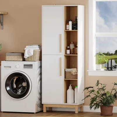 Zdjęcie produktu dla Szafka wysoka z 4 otwartymi przegrodami i 2 drzwiami, regał na książki, płyta wiórowa MDF, biało-naturalny | 62,5 x 35 x 176 cm | 21 kg | regulowane półki