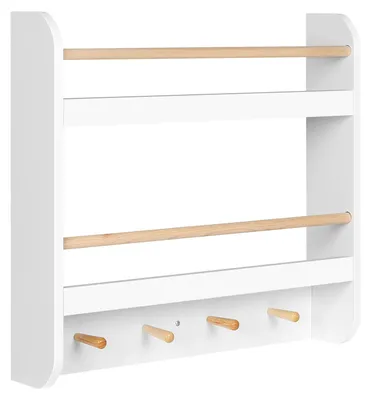 Image de Étagère pour livres pour enfants - Étagère murale pour le rangement des jouets - 2 compartiments - 4 crochets - 60 x 12 x 55 cm - Bois - Blanc