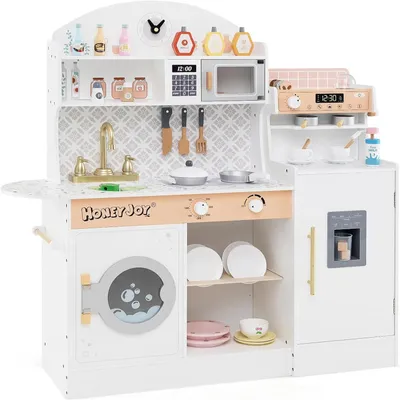 Image de Cuisine jouet pour enfants - Cuisine en bois - 27 accessoires - Horloge, micro-ondes et évier - Distributeur de glaçons et cafetière - 3 à 6 ans - Blanc
