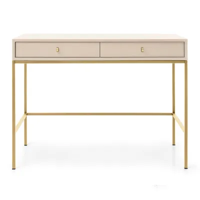 Zdjęcie produktu dla Elegancka Toaletka Linea 104 cm Beżowa na Złotym Stelażu i Uchwytami, 2 Szuflady
