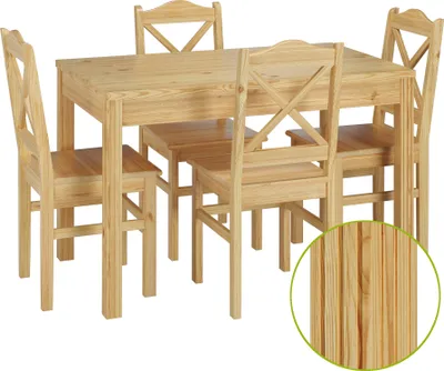 Produktbild von Schöne Essgruppe mit Tisch und 4 Stühlen in kiefer Massivholz natur 90.70-51 C-Set 20