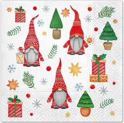 Produktbild von 20 Servietten Gnomes and Gifts - Wichtel mit Bäume und Geschenke 33x33cm