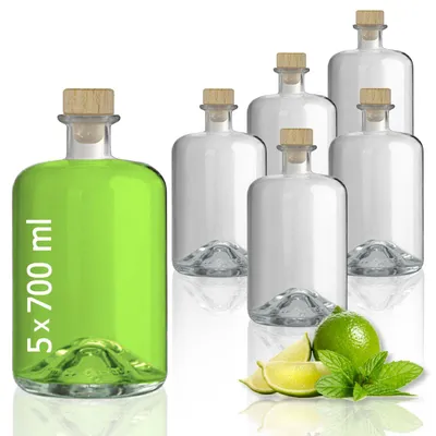 Produktbild von 5 Glasflaschen 700 ml leer zum selbst Befüllen mit Korken Apothekerflasche Essig Öl Flasche Schnapsflaschen Likörflaschen