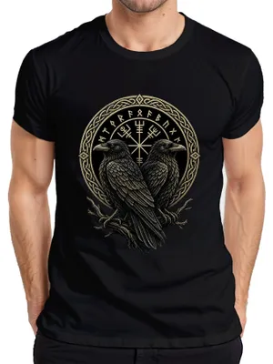 Obrázok produktu pre Tričko s motívom Vikingov: Raben, Hugin, Munin, Vegvisir, kompas, runy, nórske motívy, Thor, pánske, čierna farba, veľkosť XXL