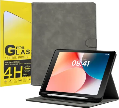 Produktbild von LBH Tablet Schutzhülle + 2x 4H Displayfolie für Apple iPad 7. 8. 9. Gen 10.2 Zoll Cover Case Schutz Tablet Farbe: Grau