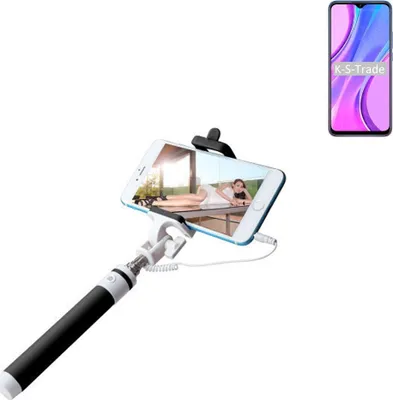 Produktbild von K-S-Trade Selfie Stick kompatibel mit Xiaomi Redmi 9 Selfiestick kabelgebunden Monopod mit Kabel Stab Stange Selfportrait Handheldstick schwarz 1x