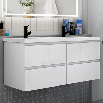 Produktbild von Badmöbel Set HUTI-Serie 120cm Mineralguss Waschbecken mit Unterschrank Badezimmermöbel mit 2 Schubladen Hochglanz Weiß Hängeschrank
