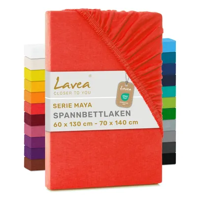 Produktbild von Lavea® Spannbettlaken Kinder 60x130cm - 70x140cm, Maya, 100% Baumwolle – Weiches, atmungsaktives Bettlaken für Matratzen bis 12cm - Karminrot