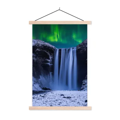 Produktbild von MuchoWow® Textilposter Nordlichter - Wasserfall - Schnee - Island 120x180 cm mit holzfarbenen Rahmen - Textil-Plakat