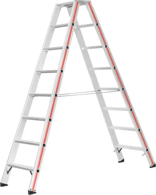 A silver A-frame ladder with red accents on a white background.