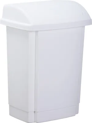 A white plastic trash can with a swing lid.
