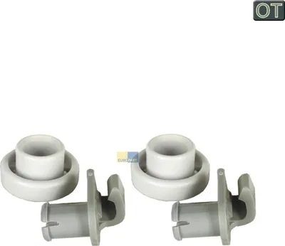 Two pairs of white and gray dishwasher basket rollers are shown against a white background.