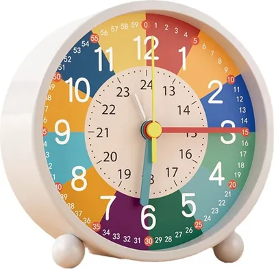 A colorful analog alarm clock for children learning to tell time.