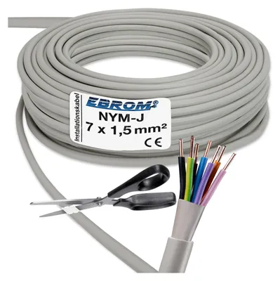 Produktbild von EBROM - 50 Meter NYM-J 7x1,5 mm2 mit FARBIGEN Adern - Installationskabel - Mantelleitung - Installationsleitung - grau