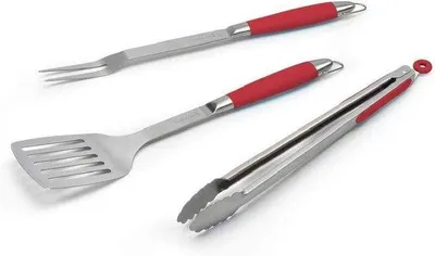 Produktbild von Famanu Grillset 3-teilig mit Holzgriffen - Edelstahl rot