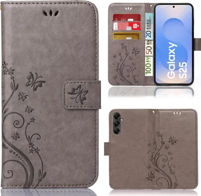 A collage of images showing a grey flip phone case with a floral pattern, including close-ups of the case and a phone inside.
