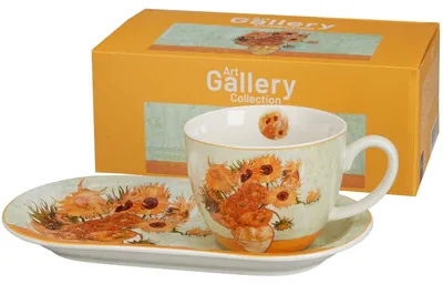 Image de Ensemble de deux tasses à café avec soucoupe, 450 ml, en porcelaine, motif "Tournesols" de Van Gogh, élégant et décoratif