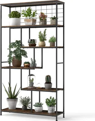 A multi-tiered plant stand filled with various potted plants, displayed against a white background.
