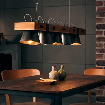 Produktbild von BRILLIANT Pendelleuchte Plow | 5-flammige vintage Deckenleuchte | schwarz stahl/holz | 5x E27 max. 10W | IP20