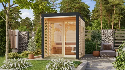 Produktbild von Karibu Saunahaus Außensauna Gartensauna ARES 1 unbehandelt Ofen 9kW  externe Strg easy 38mm Wände 191x276x232 cm Metallfarbe: anthrazit