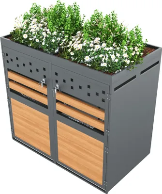 Image de OKWISH Boîte à poubelles 2 places 120-240 litres, Porte anthracite effet bois, Boîte de rangement pour poubelles, Bac à ordures, avec toit végétalisé, Gris + Nature