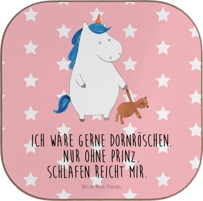 Produktbild von Mr. & Mrs. Panda Tischschoner Einhorn Teddy - Rot Pastell - Geschenk, Freundin, Gute Nacht, schlafen, gläseruntersetzer, Einhörner, Untersetzer für Gläser, Design, Bett