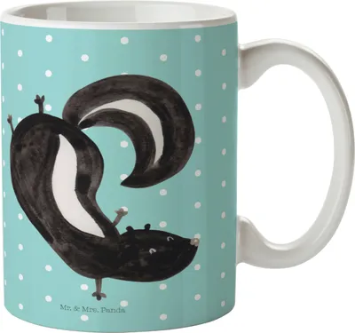 Produktbild von Mr. & Mrs. Panda Teetasse Stinktier Handstand - Türkis Pastell - Geschenk, Wildtier, Skunk, Spielplatz, Kaffeepott, Kaffeetasse, Tasse, Stinker, Raubtier, Kaffeebecher