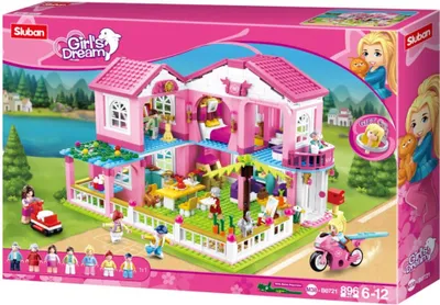 The image shows the packaging of a toy building set, featuring a pink dollhouse and figures.