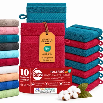 Produktbild von Betz 10 Stück Waschhandschuhe Palermo 100% Baumwolle Waschlappen Set Größe 16 x 21 cm Farbe Cranberry-Petrol