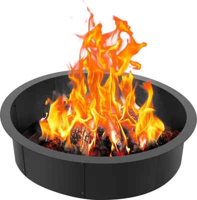 A fire pit ring with a fire burning inside, set against a white background.