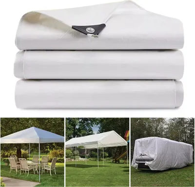 A collage of images showing white tarps and canopies in different settings.