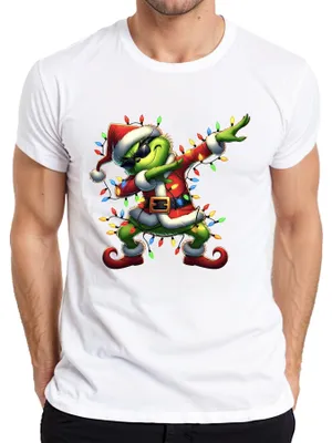 Zdjęcie produktu dla Grinch Dabbing Christmas Santa Fairy Lights Śmieszny prezent Koszulka męska, Biały, S