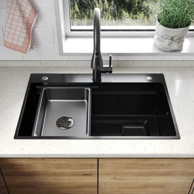 Produktbild von SONNI Breite Seite quadratisches Spülbecken 70 x 45 x 24,5 cm, schwarz, mit rechteckigem Sieb , Abtropfbecken, Wasserhahn