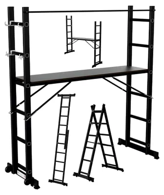Produktbild von Gerüst, 4 in 1 Alu Multifunktionsleiter 6+6 Stufen, Mobile Mehrzweckleiter mit Plattform und 2 Räder, Arbeitsgerüst, Arbeitsbühne, Belastbar bis max. 150 Kg, Schwarz