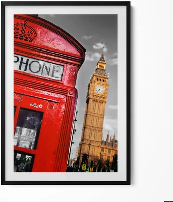 Produktbild von Telefonzelle und Big Ben - England– Wandbild mit Rahmen – Gerahmtes Bild  – Wanddekoration – 70x100 cm –  Schwarz Rahmen