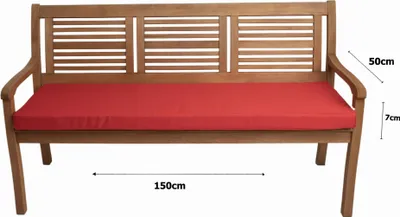 A wooden garden bench with a red cushion, showing dimensions.