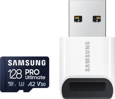 Zdjęcie produktu dla Samsung | Karta microSD z czytnikiem kart | PRO Ultimate | 128 GB | Karta pamięci microSDXC | Pamięć flash klasy U3, V30, A2