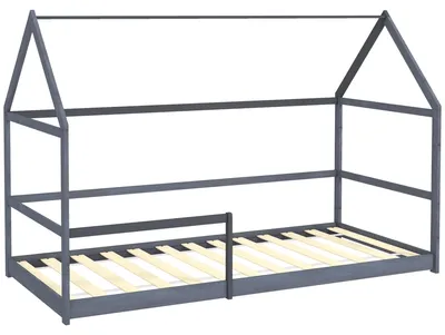 Productafbeelding van Kinderbed 90x190 cm - Houten boomhut kinderbed in grijs met uitvalbeveiliging, lattenbodem en dak