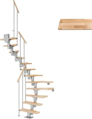 Produktbild von Pertura Mittelholmtreppe Spiros Buche Leimholz Perlgrau 1/2-gewendelt 75 cm 13 Stufen / 14 Steigungen Stabgeländer Grau