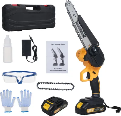 Obrázek produktu pro Akumulátorová řetězová pila, 8" elektrická řetězová pila se 2 bateriemi, ruční řetězová pila na baterie pro prořezávání stromů a větví, řezání dřeva
