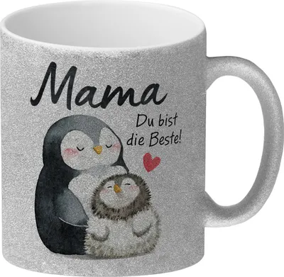 Produktbild von Pinguin Mutter und Kind Glitzer-Kaffeebecher mit Spruch Mama du bist die Beste