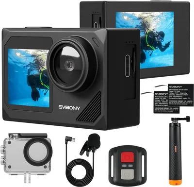 A collection of action camera accessories, including the camera itself, batteries, a remote, a microphone, and a selfie stick.