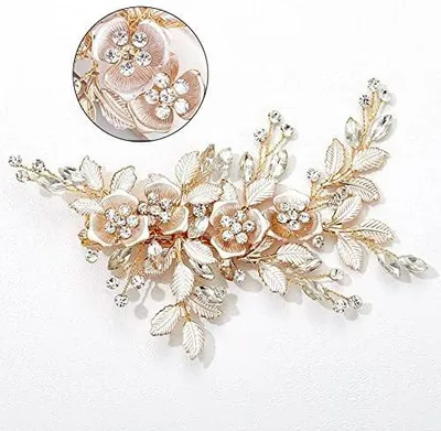 Produktbild von Braut-Haarklammer mit Kristallblättern und Strassblume, goldene Haarspange mit Haarnadel und Haarkamm für Hochzeiten, Frauen, Mädchen und Bräute