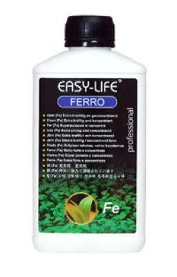 A white bottle of Easy Life Ferro fertilizer with a black cap, set against a white background. The label features text and graphics related to aquarium plant care.